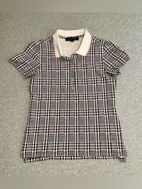 Tommy Hilfiger Women XS Pink Black Houndstooth Plaid Polo Shirt Stretch Heritage